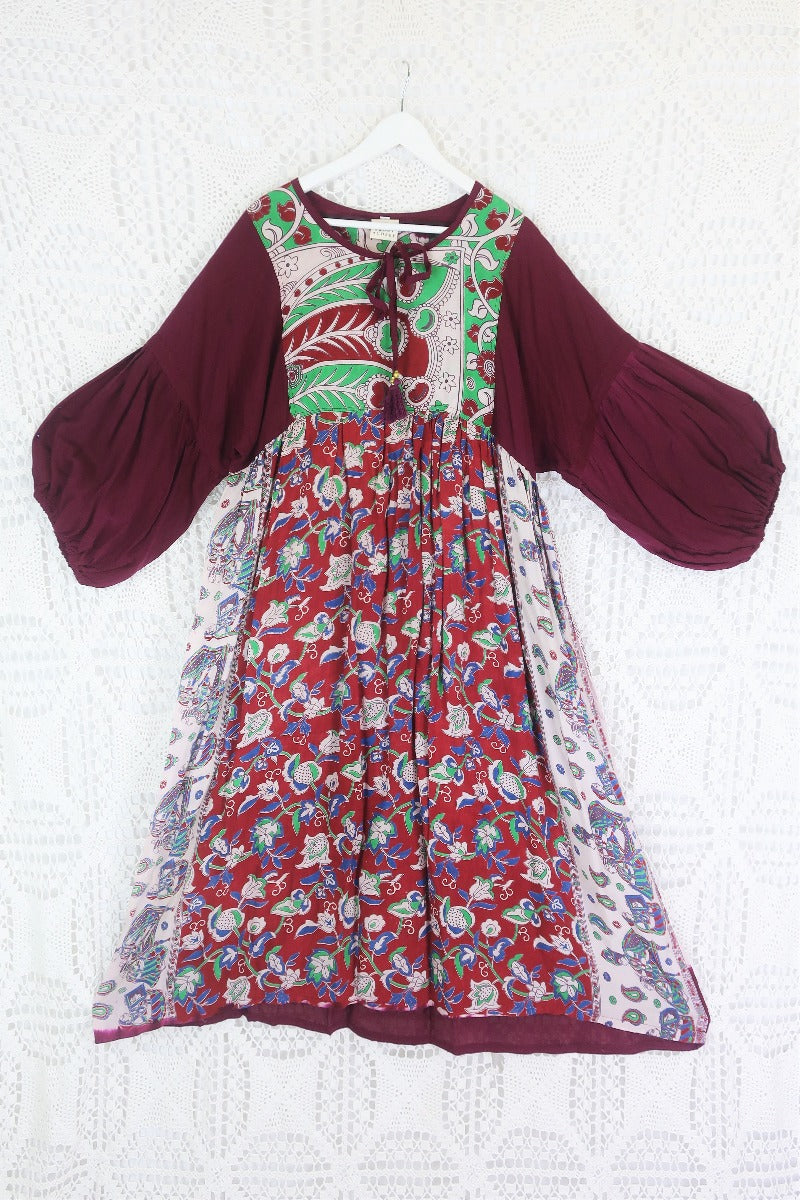Daisy Midi Smock Dress - Vintage Indian Cotton - Aubergine, Jade & Cherry Floral - L/XL