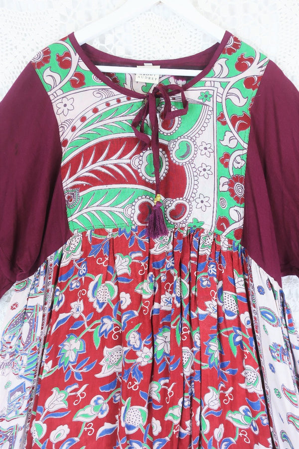Daisy Midi Smock Dress - Vintage Indian Cotton - Aubergine, Jade & Cherry Floral - L/XL
