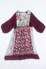 Daisy Midi Smock Dress - Vintage Indian Cotton - Aubergine, Jade & Cherry Floral - L/XL