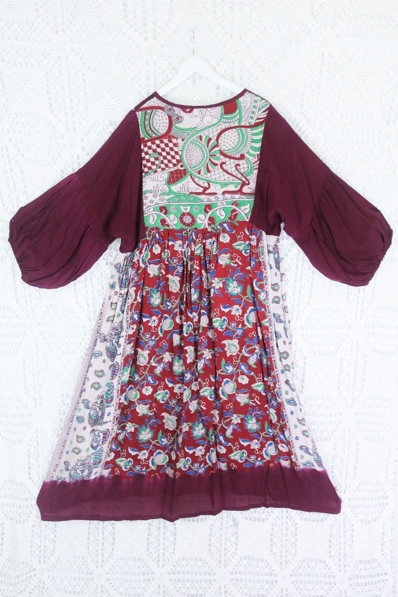 Daisy Midi Smock Dress - Vintage Indian Cotton - Aubergine, Jade & Cherry Floral - L/XL