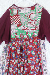 Daisy Midi Smock Dress - Vintage Indian Cotton - Aubergine, Jade & Cherry Floral - L/XL