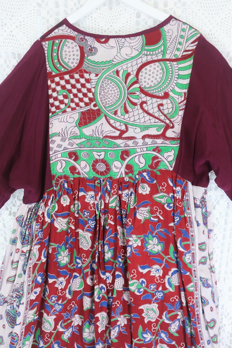 Daisy Midi Smock Dress - Vintage Indian Cotton - Aubergine, Jade & Cherry Floral - L/XL