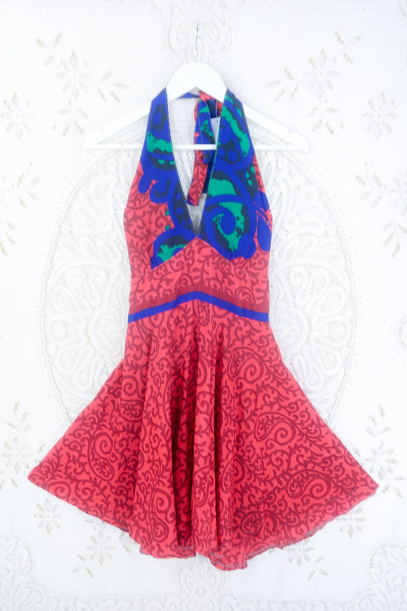 Sydney Mini Halter Dress - Rose Red Paisley Vines - Vintage Sari - S/M by all about audrey