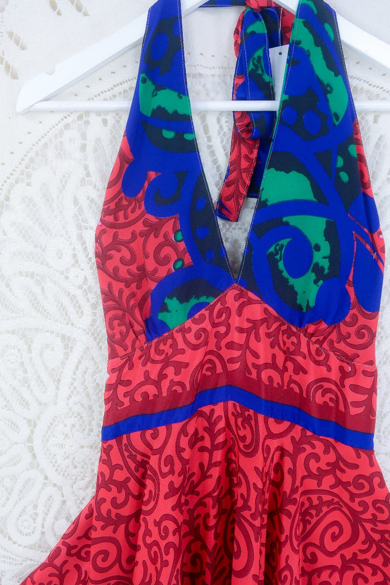 Sydney Mini Halter Dress - Rose Red Paisley Vines - Vintage Sari - S/M by all about audrey