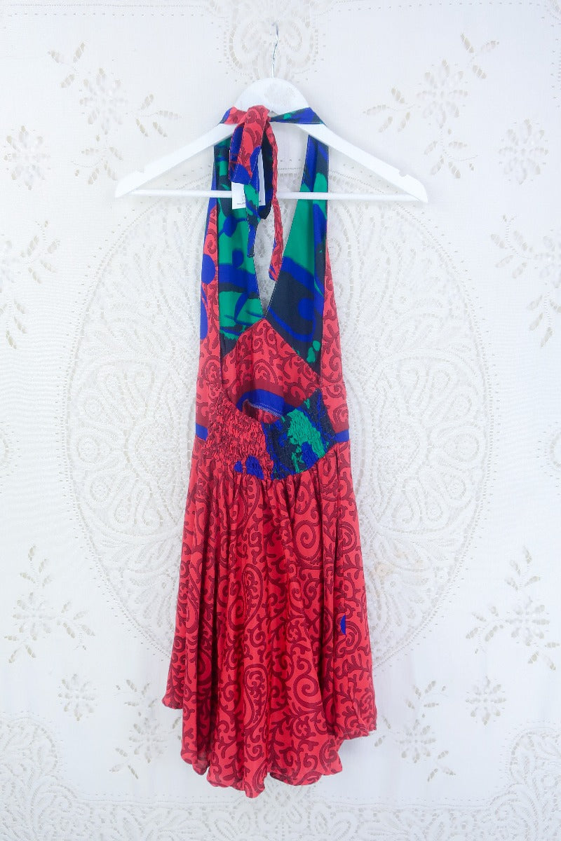 Sydney Mini Halter Dress - Rose Red Paisley Vines - Vintage Sari - S/M by all about audrey