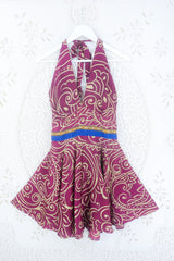 Sydney Mini Halter Dress - Plum Purple Botanical Swirls - Vintage Sari - S/M by all about audrey