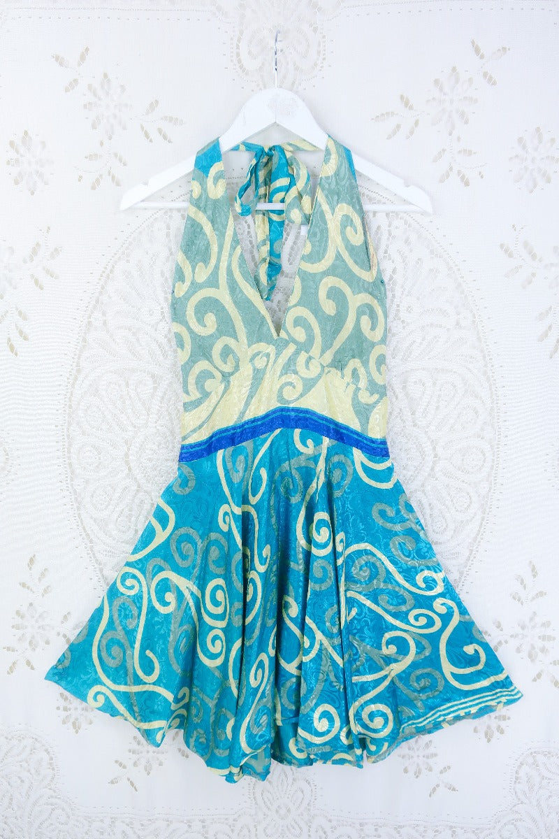 Sydney Mini Halter Dress - Moroccan Blue & Gold - Vintage Sari - S/M by All About Audrey