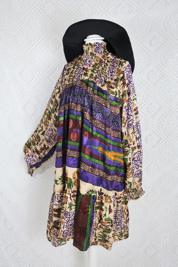 Mona Mini Dress - Vintage Indian Sari - Purple & Gold Illustrations - Free Size