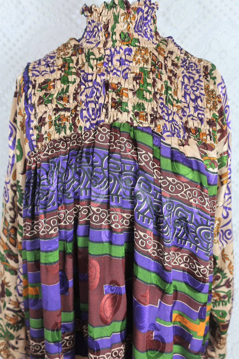 Mona Mini Dress - Vintage Indian Sari - Purple & Gold Illustrations - Free Size