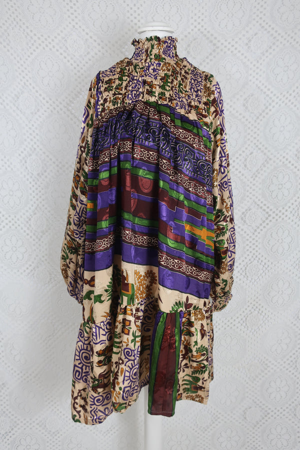 Mona Mini Dress - Vintage Indian Sari - Purple & Gold Illustrations - Free Size