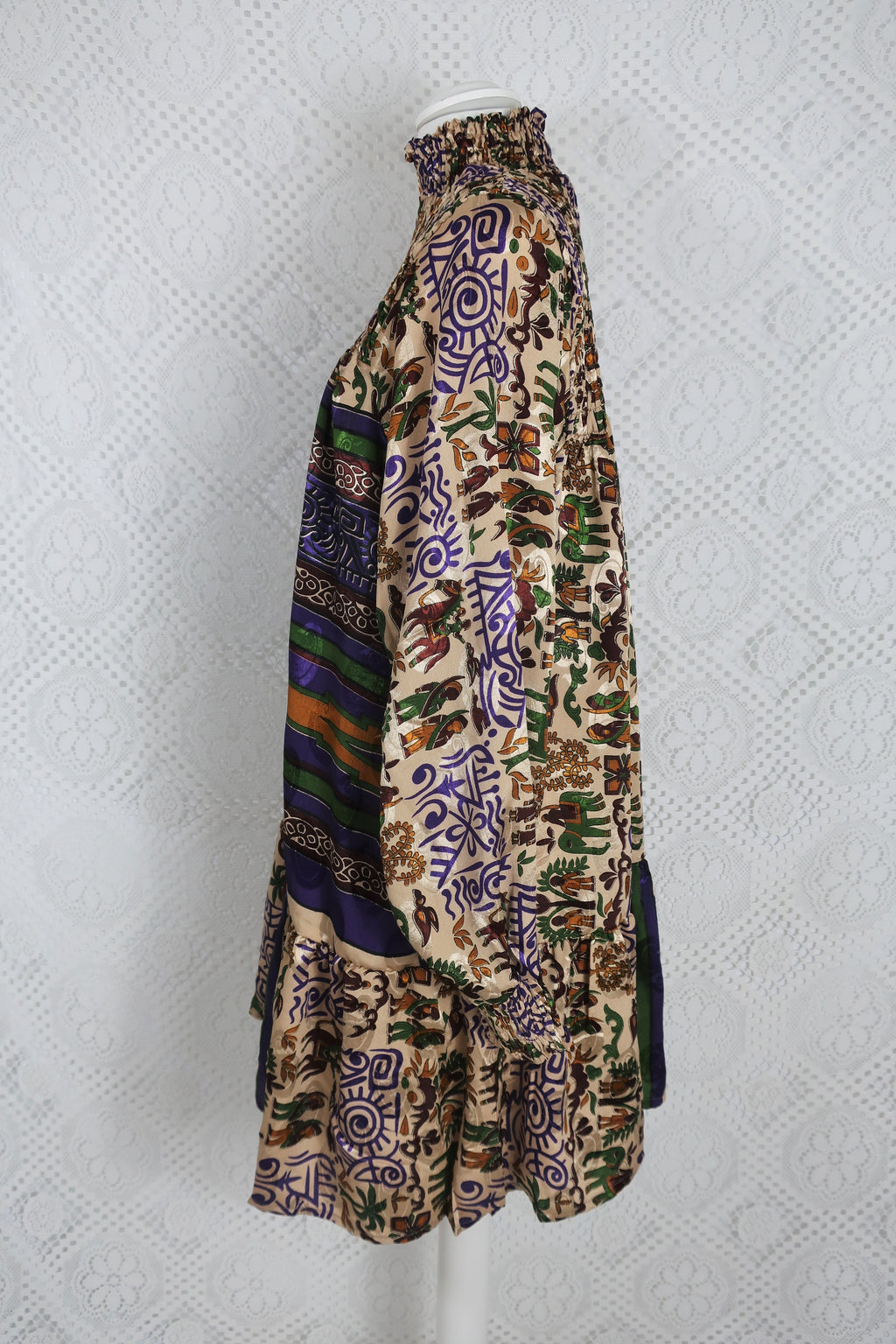 Mona Mini Dress - Vintage Indian Sari - Purple & Gold Illustrations - Free Size