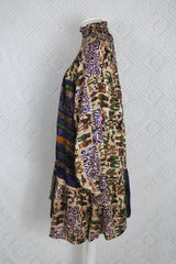 Mona Mini Dress - Vintage Indian Sari - Purple & Gold Illustrations - Free Size