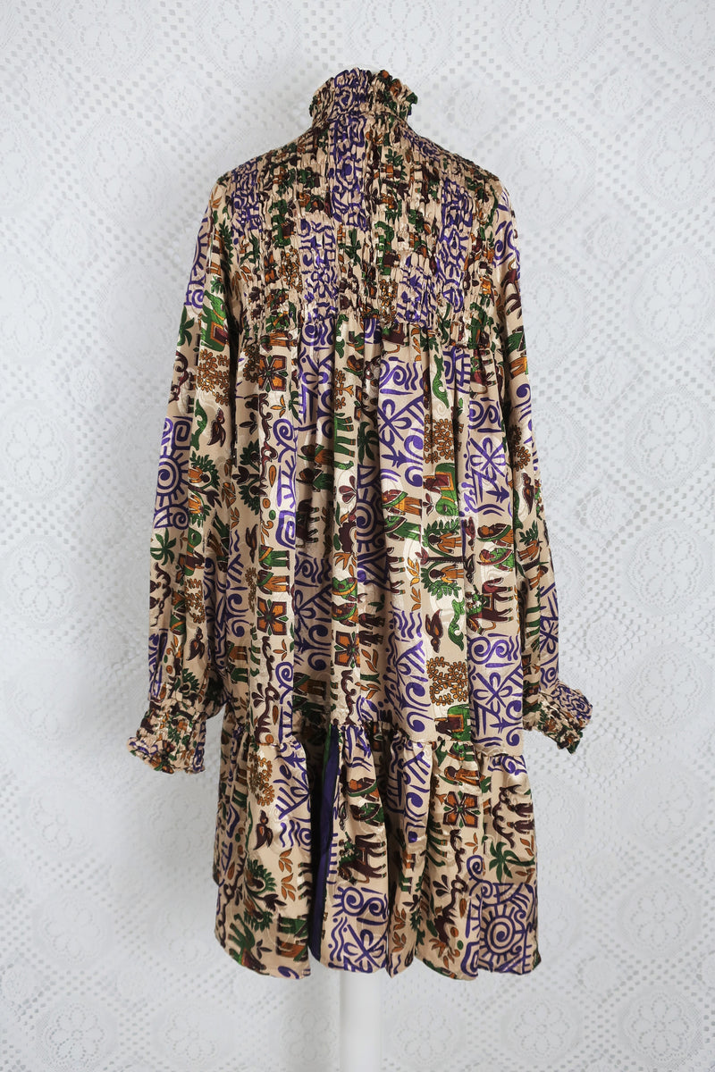 Mona Mini Dress - Vintage Indian Sari - Purple & Gold Illustrations - Free Size
