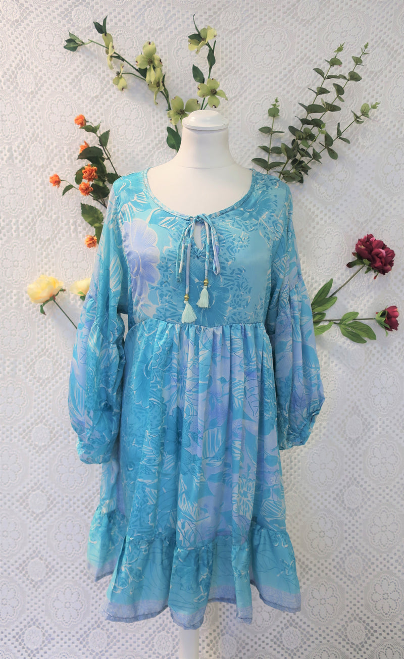 SALE Poppy Mini Smock Dress - Vintage Sari - Icey Aqua Blue Floral - XS
