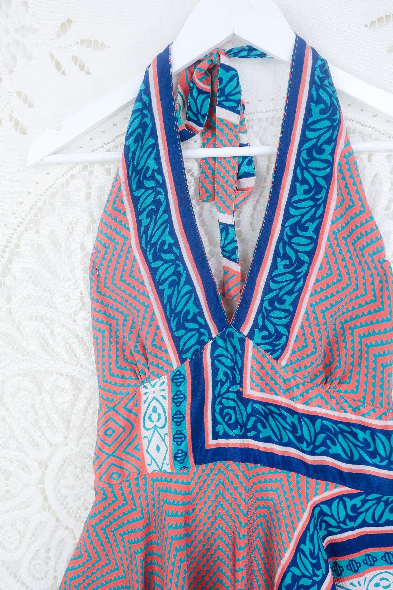 Sydney Mini Halter Dress - Terracotta & Turquoise Chevron - Vintage Sari - S-M by all about audrey