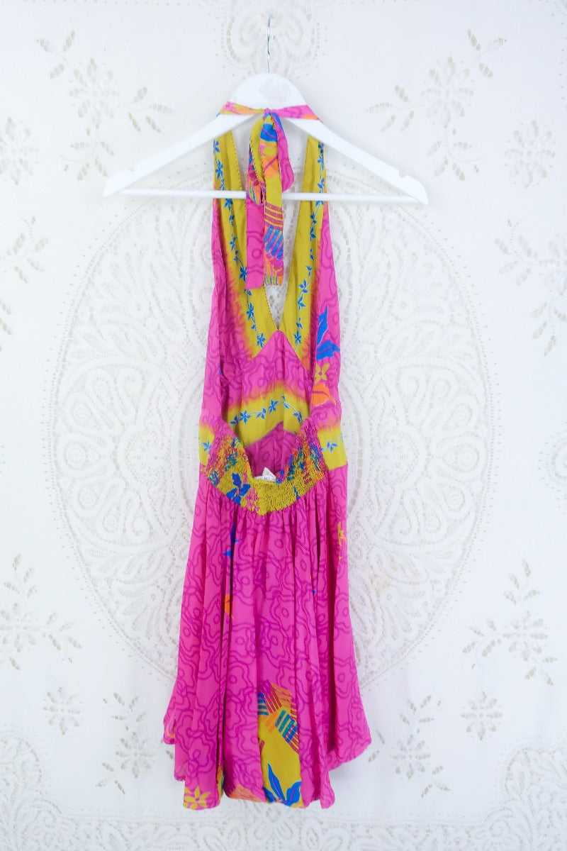 Sydney Mini Halter Dress - Fiery Pink Tropical Floral - Vintage Sari - S by all about audrey