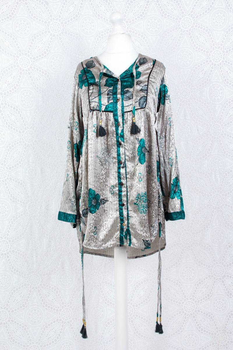 Jude Tunic Top - Vintage Indian Sari - Silver & Teal Shimmer Floral (XS)