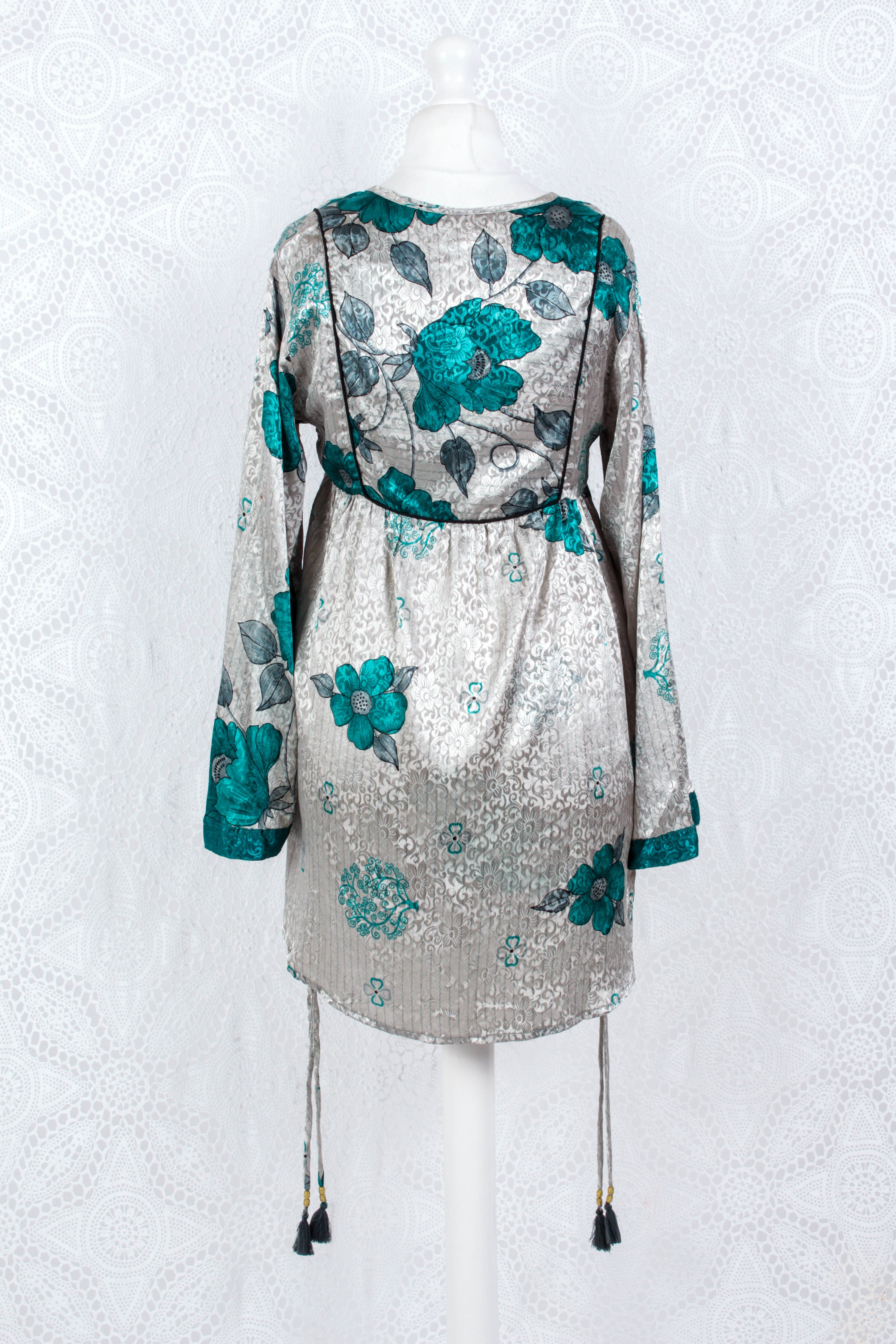 Jude Tunic Top - Vintage Indian Sari - Silver & Teal Shimmer Floral (XS)