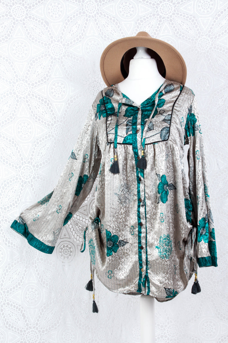 Jude Tunic Top - Vintage Indian Sari - Silver & Teal Shimmer Floral (XS)