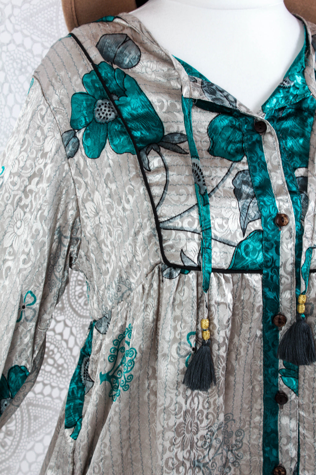 Jude Tunic Top - Vintage Indian Sari - Silver & Teal Shimmer Floral (XS)