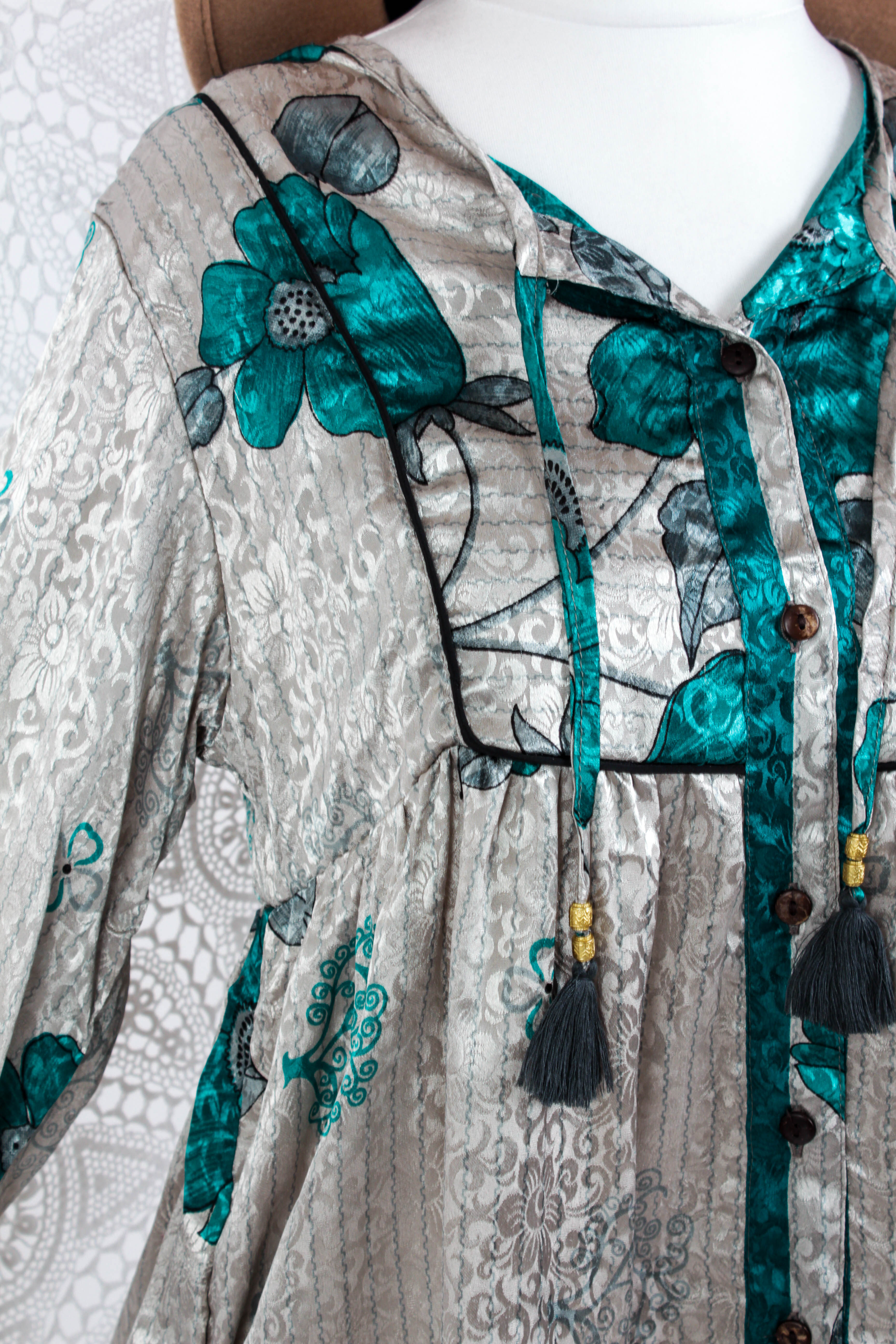 Jude Tunic Top - Vintage Indian Sari - Silver & Teal Shimmer Floral (XS)