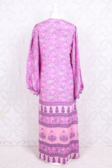 Lola Long Wrap Dress - Vintage Indian Sari - Blush & Violet Art Nouveau - M/L