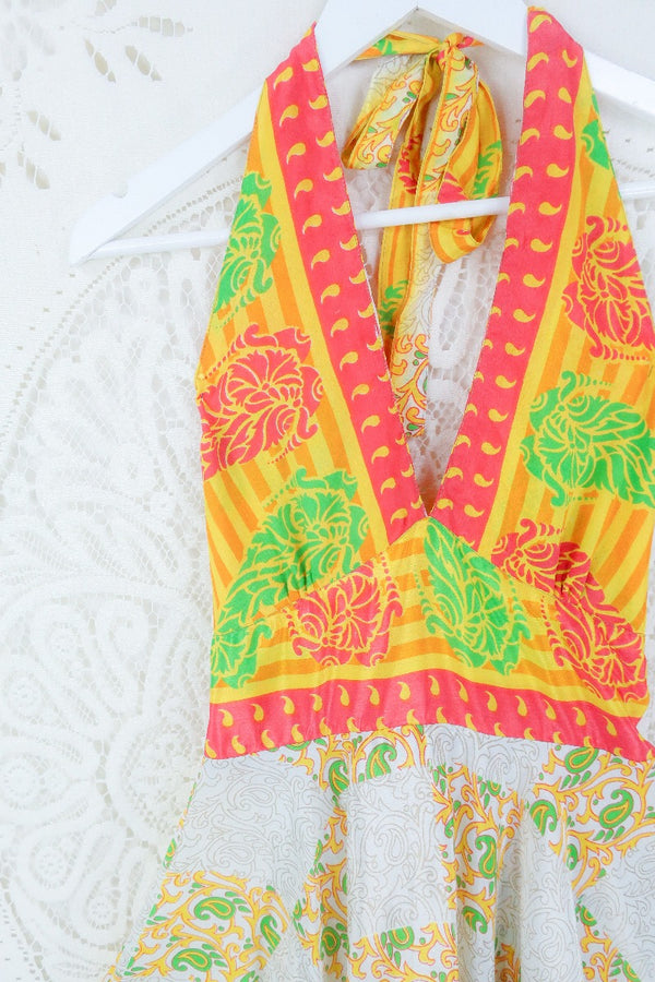 Sydney Mini Halter Dress - Sand & Yellow Vine Tiles - Vintage Sari - S by all about audrey