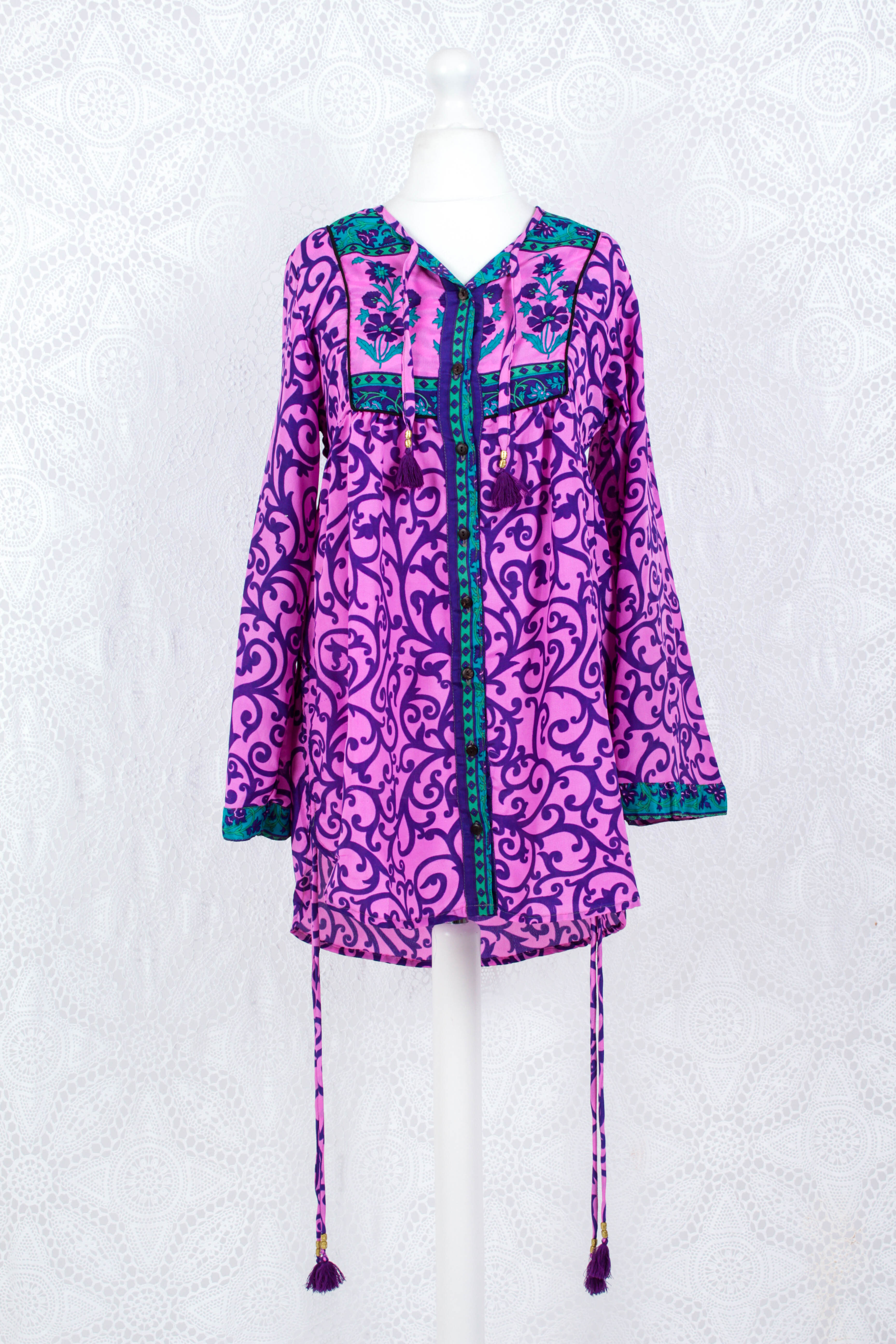 Jude Tunic Top - Vintage Indian Sari - Pink & Purple Floral (XS)
