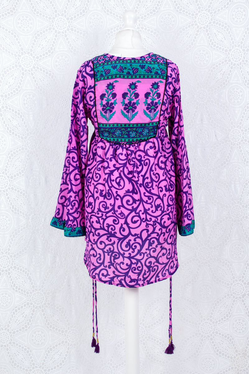 Jude Tunic Top - Vintage Indian Sari - Pink & Purple Floral (XS)