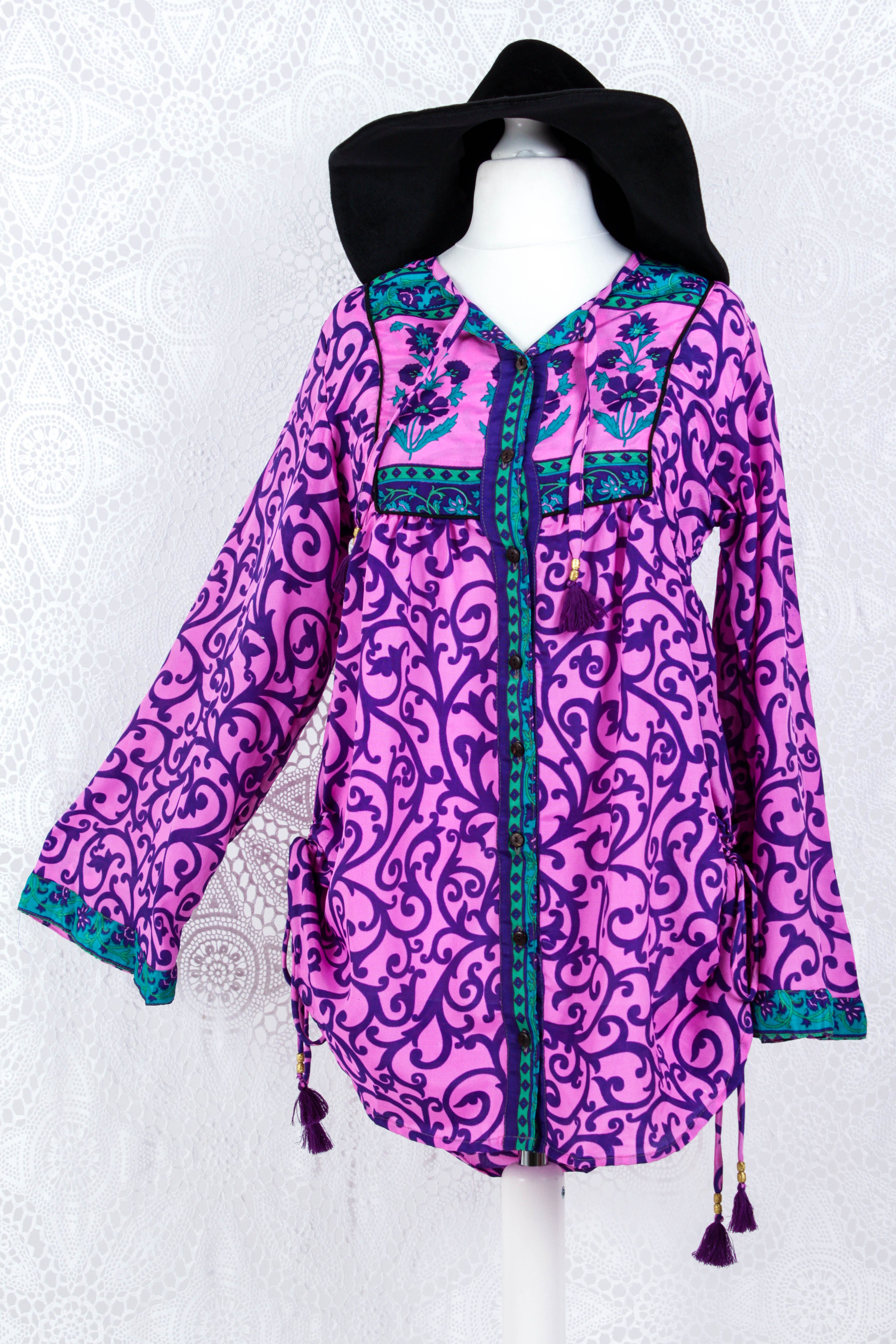 Jude Tunic Top - Vintage Indian Sari - Pink & Purple Floral (XS)