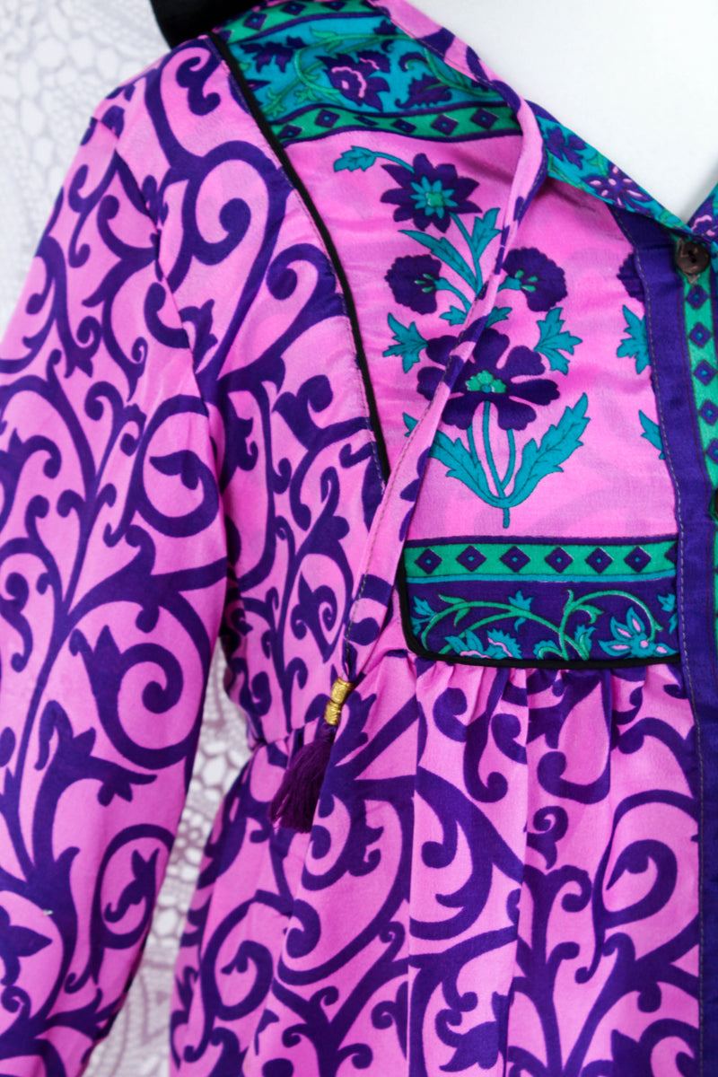 Jude Tunic Top - Vintage Indian Sari - Pink & Purple Floral (XS)