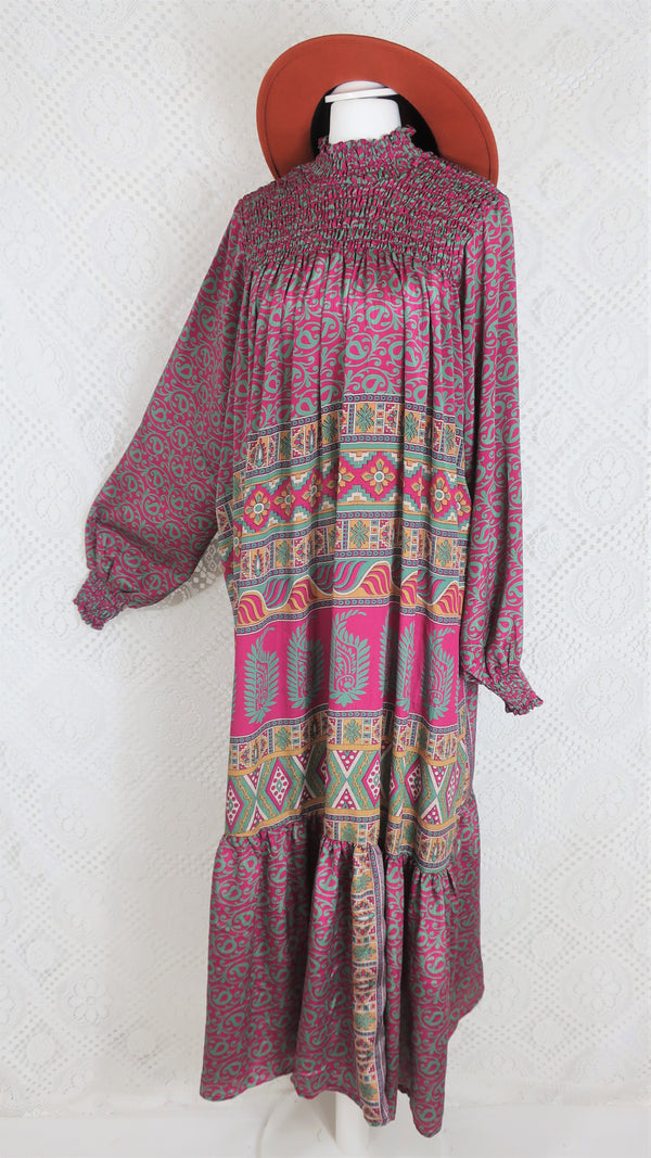 Mona Maxi Dress - Vintage Indian Sari - Magenta Pink & Sage - Free Size
