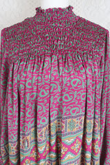 Mona Maxi Dress - Vintage Indian Sari - Magenta Pink & Sage - Free Size
