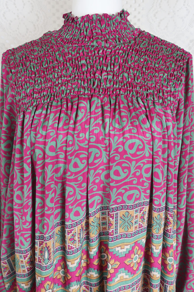 Mona Maxi Dress - Vintage Indian Sari - Magenta Pink & Sage - Free Size