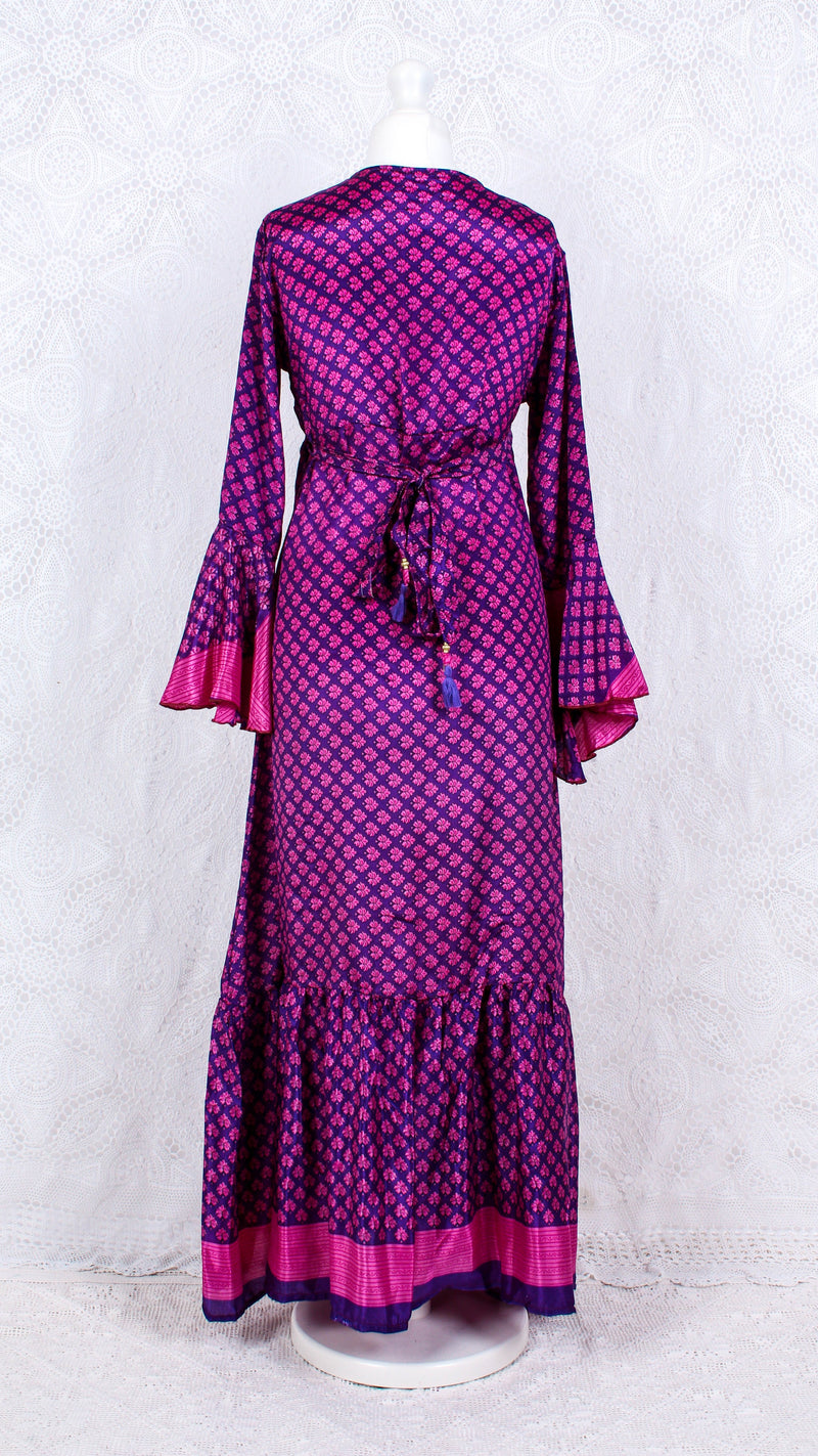 SALE Sylvia Wrap Dress - Vintage Indian Sari - Purple & Pink Floral (S/M - L)