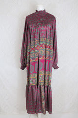Mona Maxi Dress - Vintage Indian Sari - Magenta Pink & Sage - Free Size
