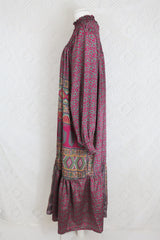 Mona Maxi Dress - Vintage Indian Sari - Magenta Pink & Sage - Free Size