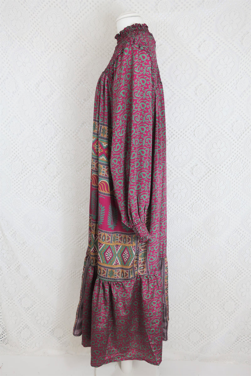 Mona Maxi Dress - Vintage Indian Sari - Magenta Pink & Sage - Free Size