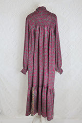 Mona Maxi Dress - Vintage Indian Sari - Magenta Pink & Sage - Free Size