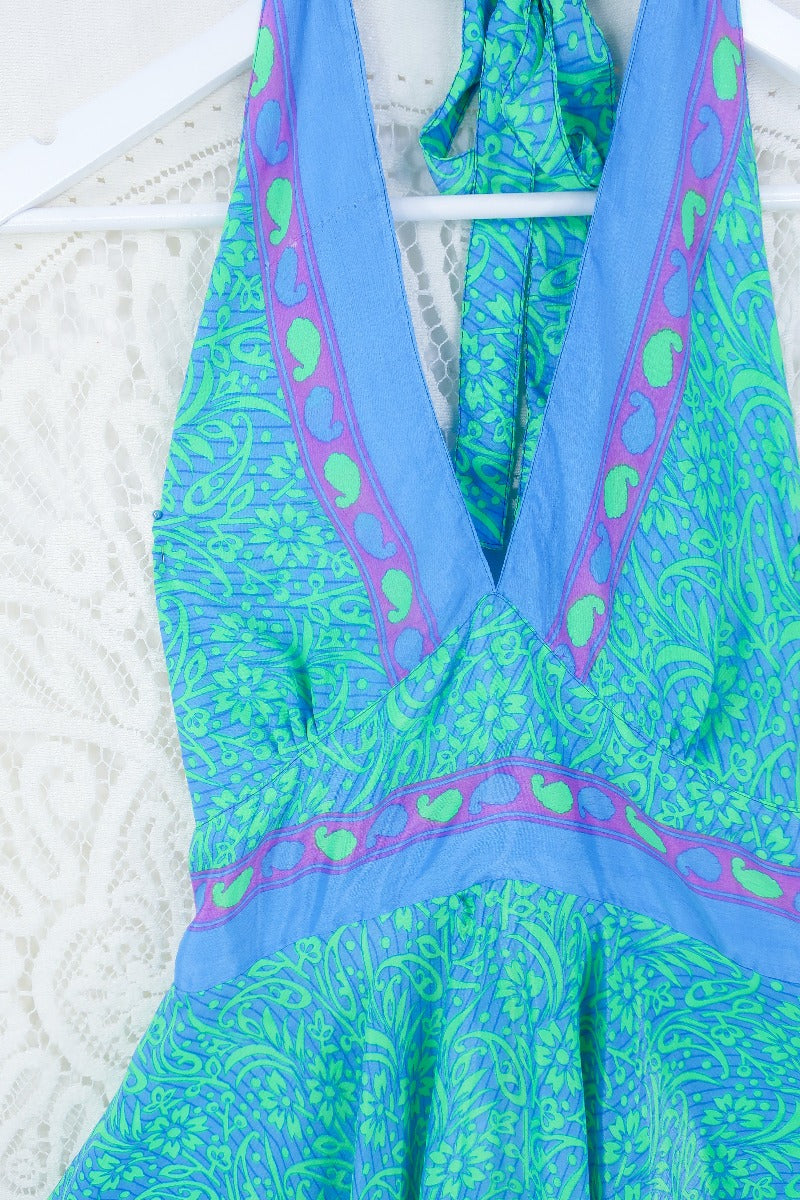 Sydney Mini Halter Dress - Seafoam & Sky Blue Floral - Vintage Sari - XXS by all about audrey