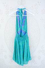 Sydney Mini Halter Dress - Seafoam & Sky Blue Floral - Vintage Sari - XXS by all about audrey
