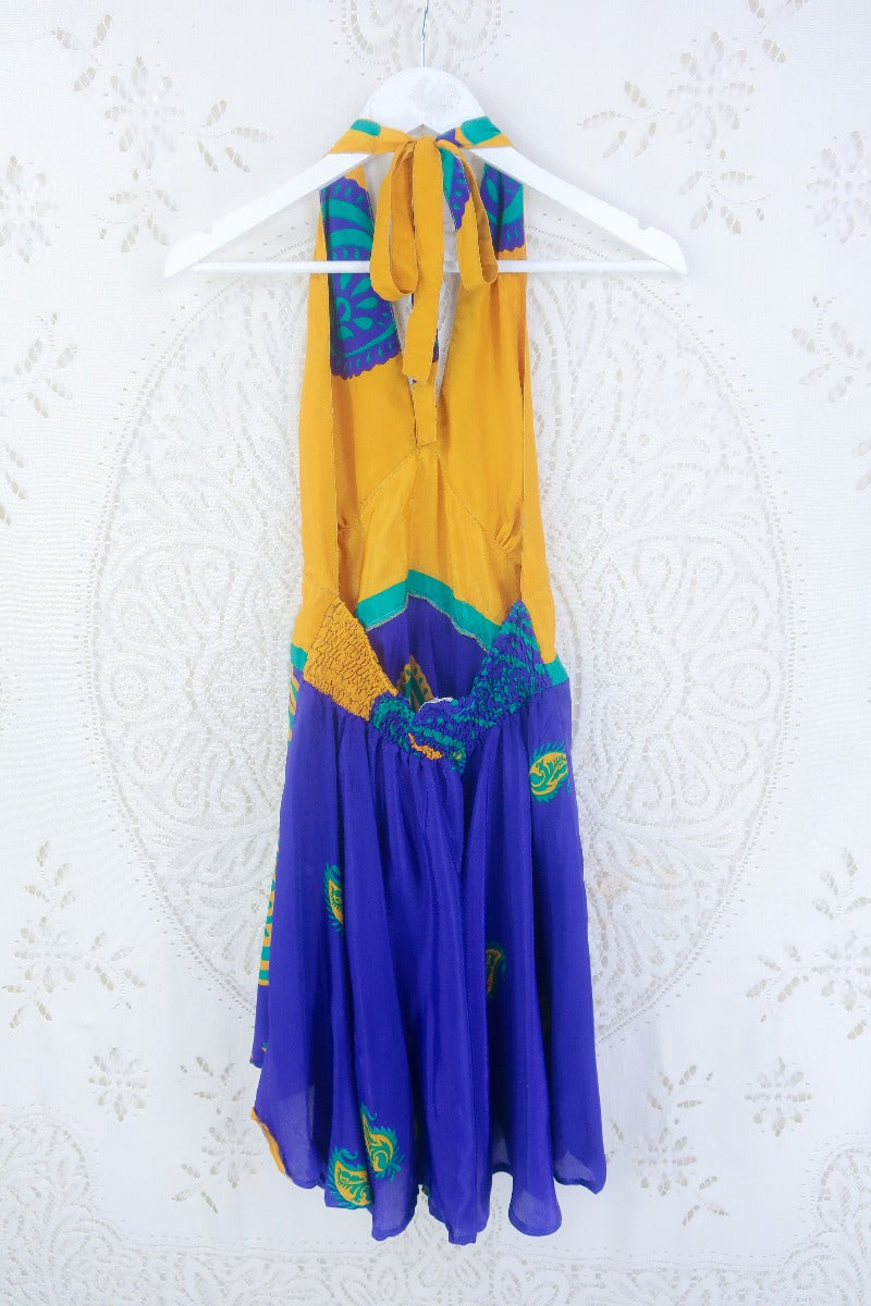Sydney Mini Halter Dress - Gold & Violet Paisley - Vintage Sari - S by all about audrey