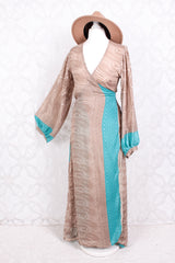 Lola Long Wrap Dress - Vintage Indian Sari - Oat & Sapphire Floral Nouveau - S/M