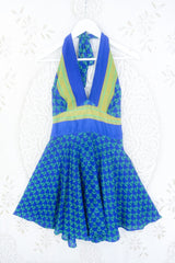 Sydney Mini Halter Dress - Azure Blue Floral Motif - Vintage Sari - XXS by all about audrey