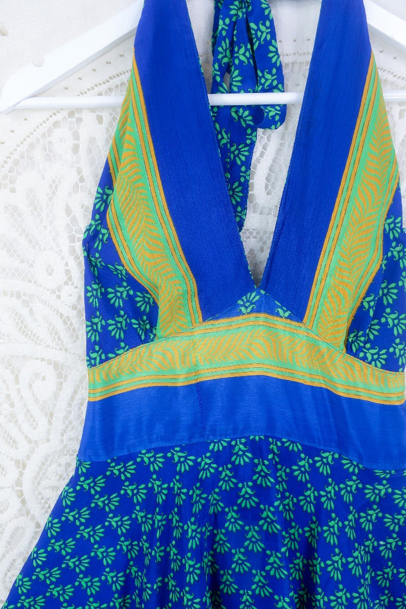 Sydney Mini Halter Dress - Azure Blue Floral Motif - Vintage Sari - XXS by all about audrey