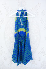 Sydney Mini Halter Dress - Azure Blue Floral Motif - Vintage Sari - XXS by all about audrey