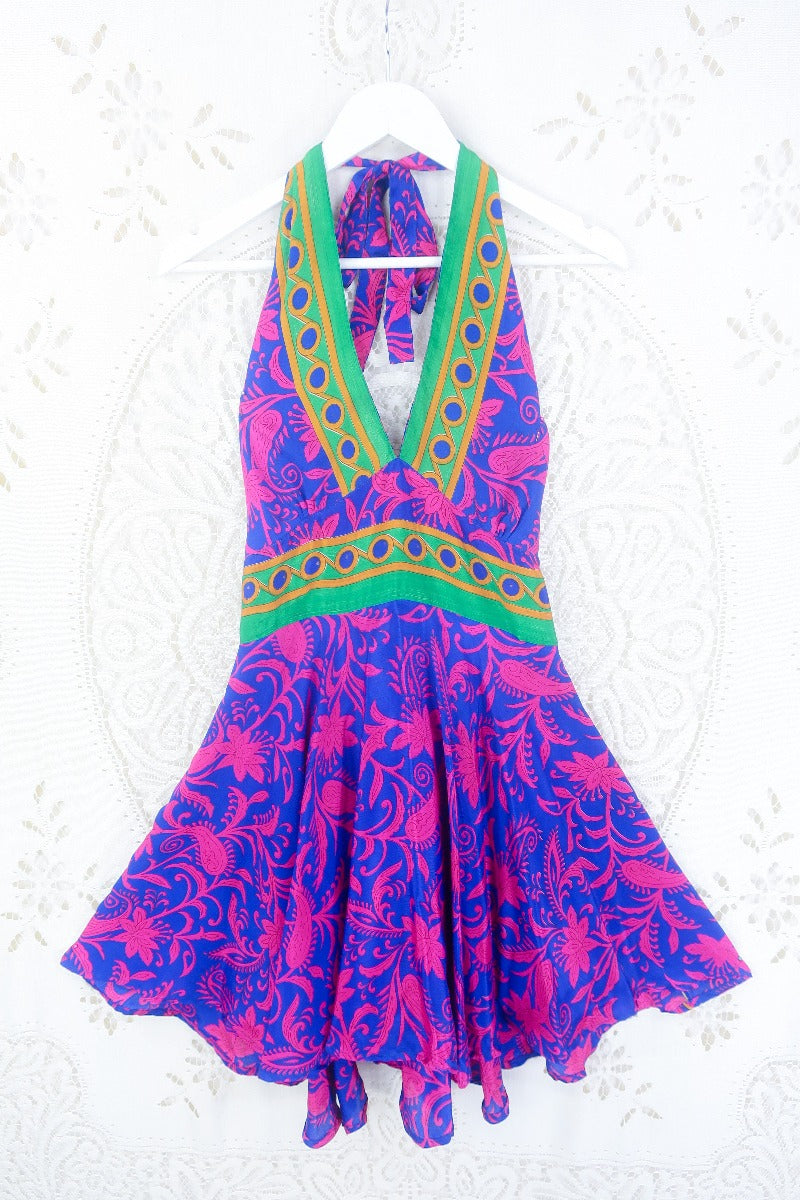 Sydney Mini Halter Dress - Sapphire & Fuchsia Floral Paisley - Vintage Sari - XXS by all about audrey