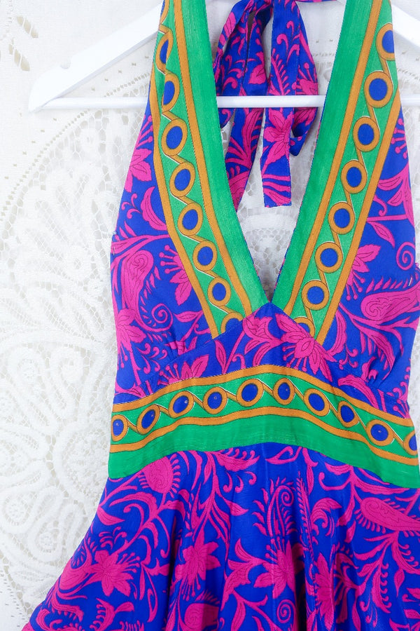 Sydney Mini Halter Dress - Sapphire & Fuchsia Floral Paisley - Vintage Sari - XXS by all about audrey