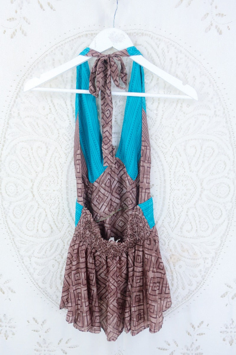Sydney Halter Top - Cedar Brown & Ocean Blue Labyrinth - Vintage Sari - S/M by all about audrey