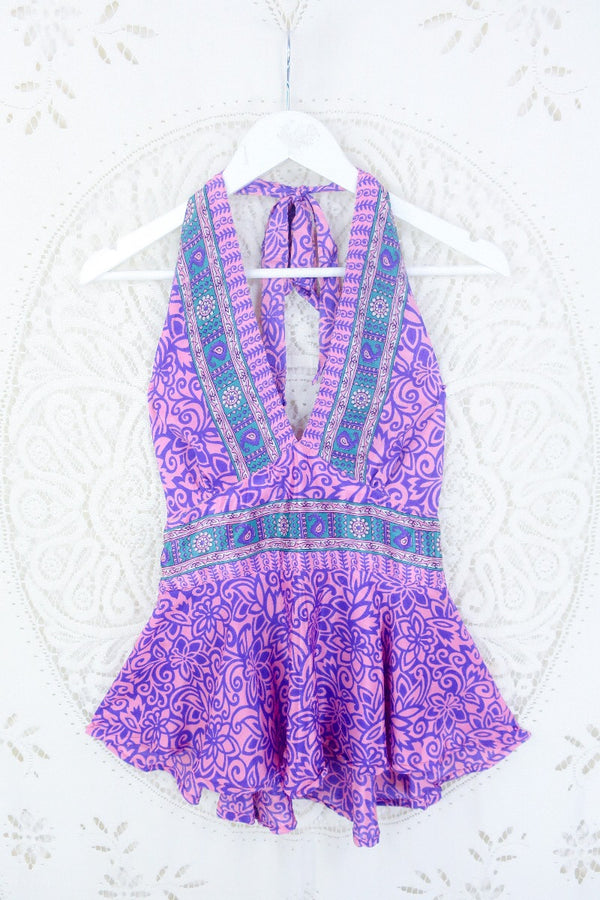 Sydney Halter Top - Powder Pink & Violet Floral - Vintage Sari - S/M by all about audrey